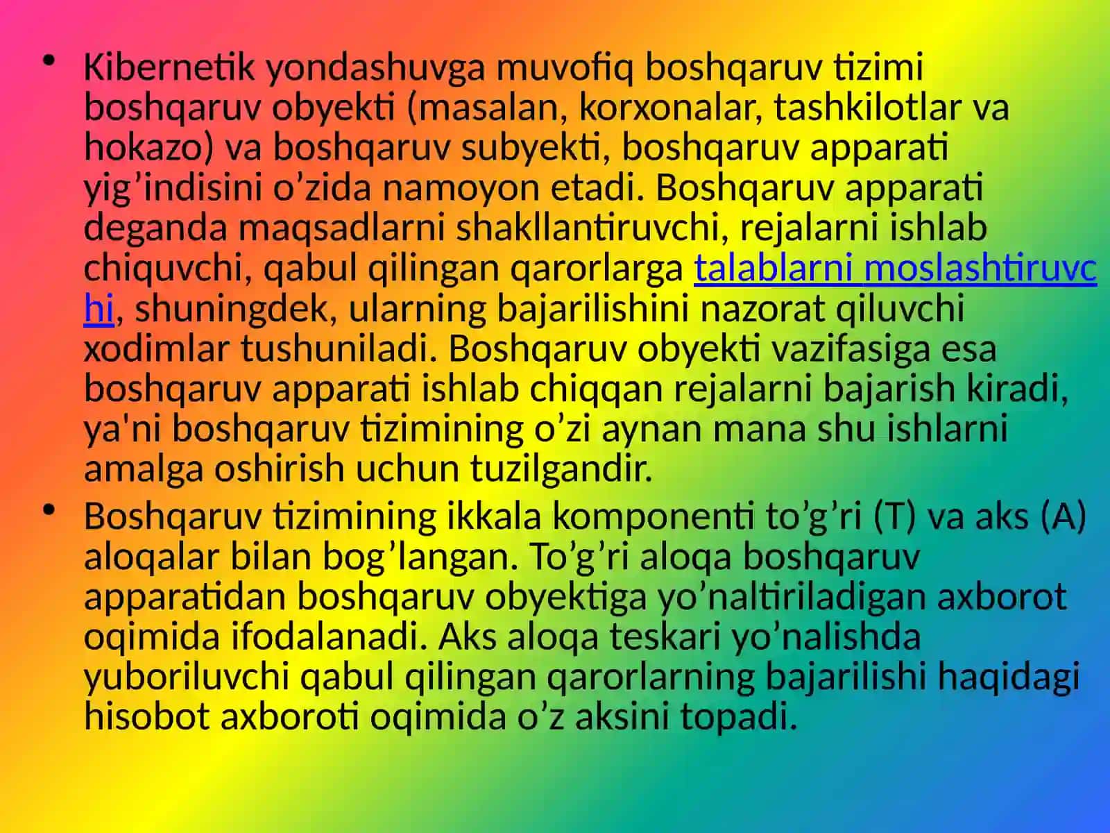 Tizim tushunchasi va uning turli ta’riflari, tizim va muhit munosabatlari, tizim tarkibiga kiruvchi elementlar, aloqa va teskari aloqa. 3