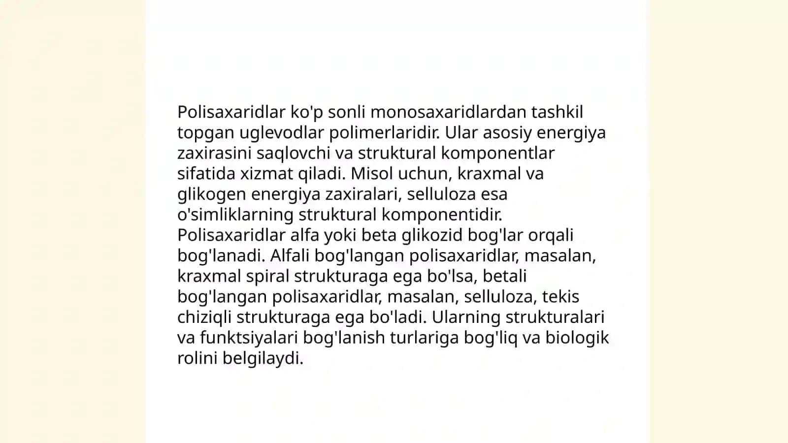 Polisaxaridlarning tuzilishi, kilasifikatsiyasi va o'simlik hayotidagi o'rni 3
