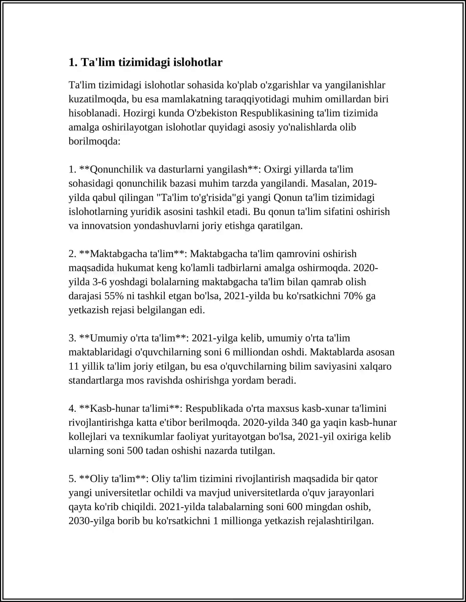 MUSTAQIL ISH Mavzu: O‘ZBEKISTONDA IJTMOIY SOHADA AMALGA OSHIRILAYOTGAN O‘ZGARISHLAR MAZMUN VA MOHIYATI 3