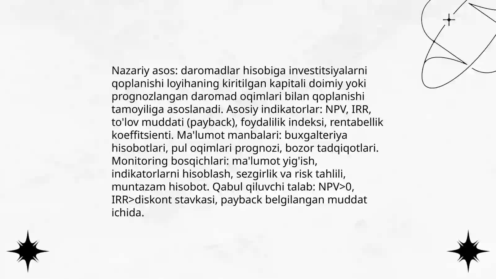 Daromadlar hisobiga investitsiyalar qoplanishi monitoringini olib borish 3