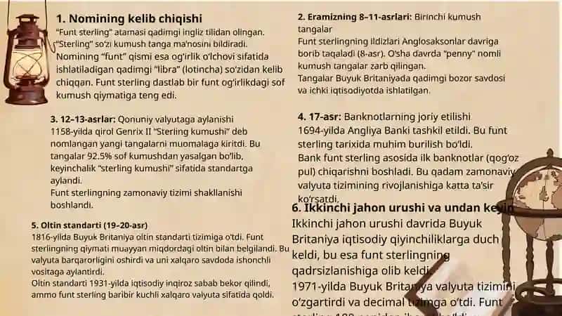 Funt sterling Buyuk Britaniya pul birligi hisoblanadi va qadimgi ingliz tilidan olingan atamasi 3