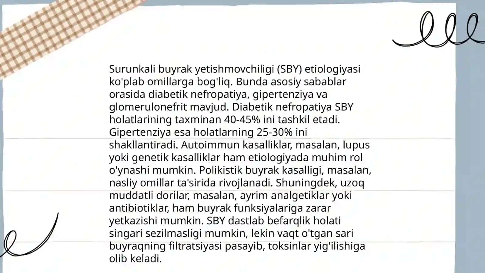 Surunkali buyrak yetishmovchiligi etiologiyasi, patogenezi,tasnifi, klinik sindromlari,diagnostikasi va davolashda qoʻllaniladigan dori vositalari 3