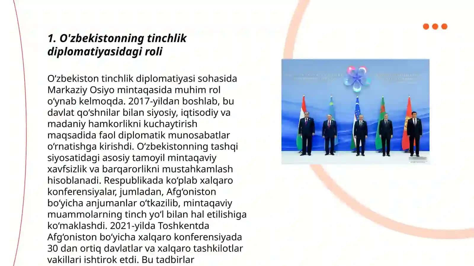 O'zbekistonning Markaziy Osiyoda tinchlik barqarorlik ta'minlashdagi o'rni 3