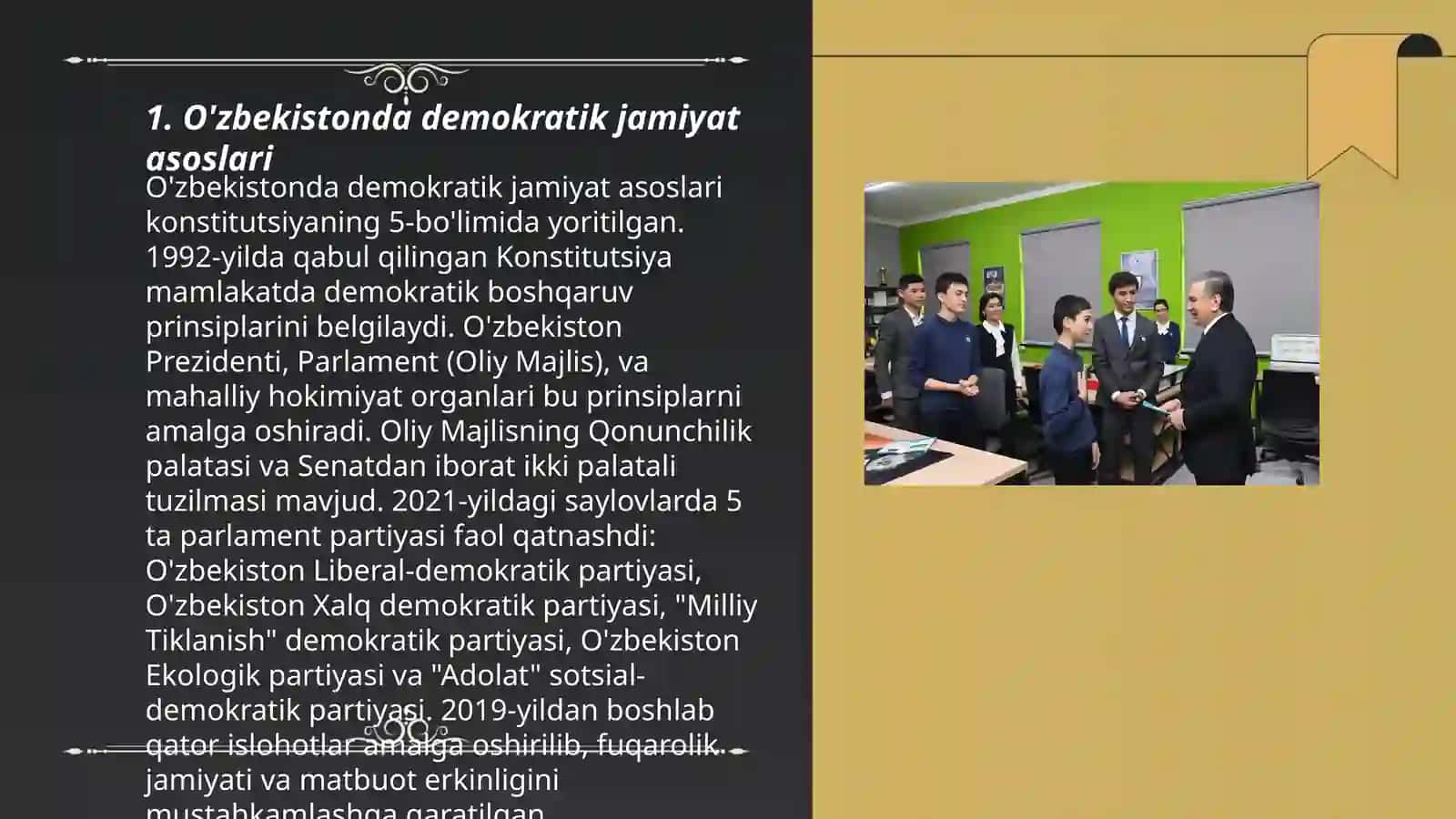 O'zbekistonda demokratik fuqarolik jamiyati asoslarining shakllantirishnishi, amalga oshirilgan siyosiy islohotlar 3