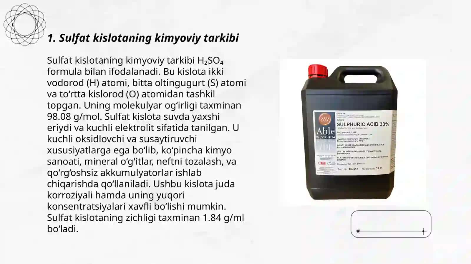 Sulfat kislota ishlab chiqarish,ularning o'ziga xos xossalari 3