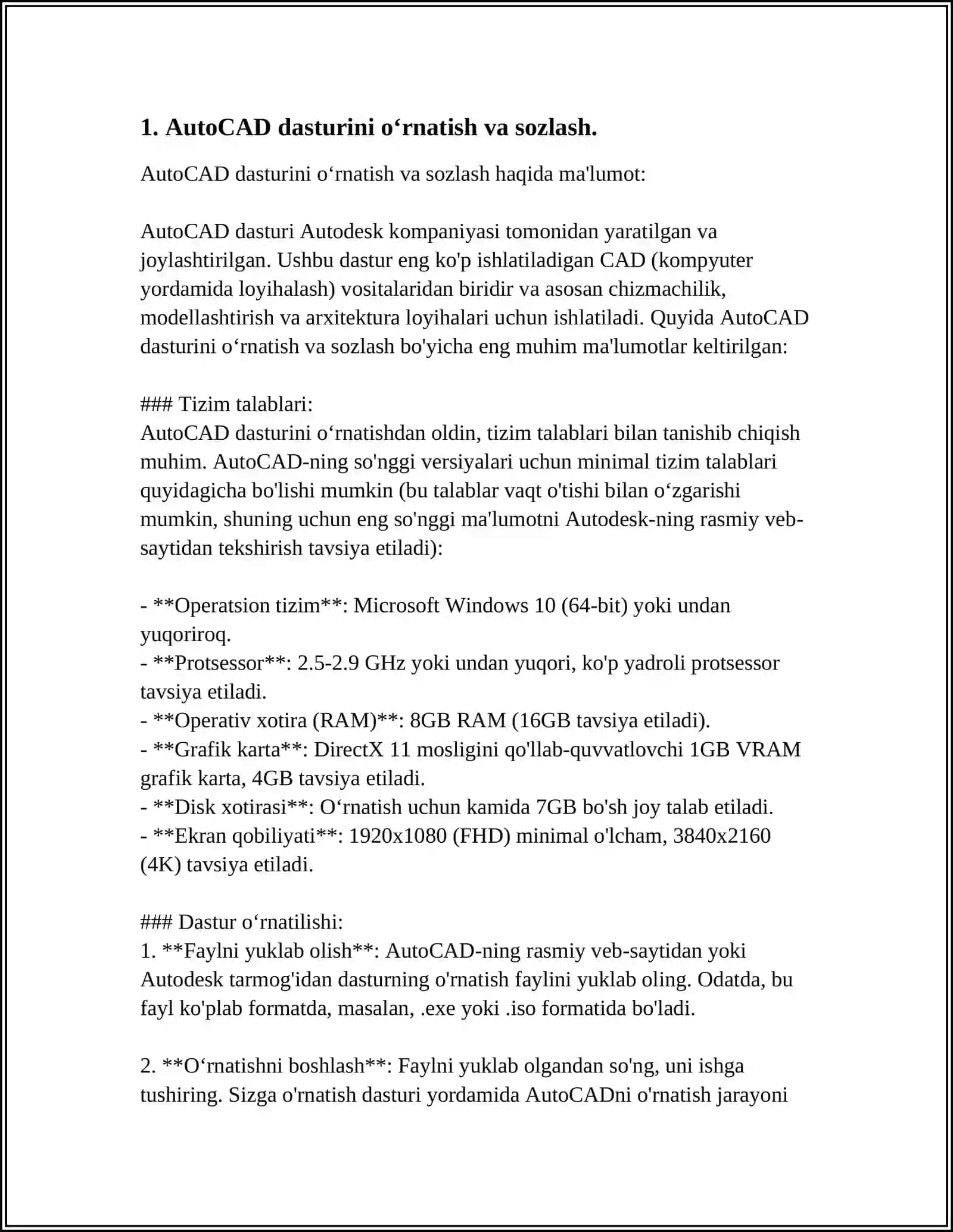 LOYIHALASH JARAYONIDA AMALIY DASTURLARNI IMKONIYATLARIDAN FOYDALANISH AUTO CAD 3