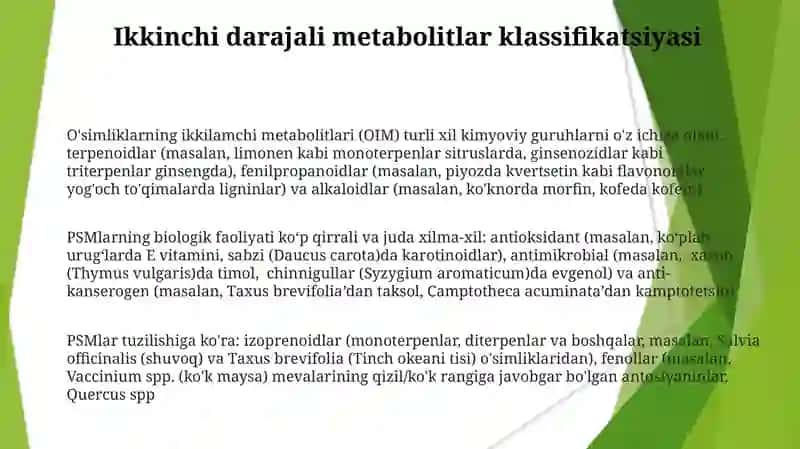 Oʻsimliklarning ikkilamchi metabolitlari (OIM) 3