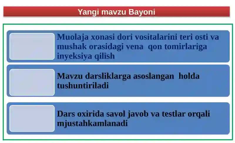 Muolaja xonasi dori vositalarini teri osti va mushak orasidagi vena  qon tomirlariga inyeksiya qilish. 3