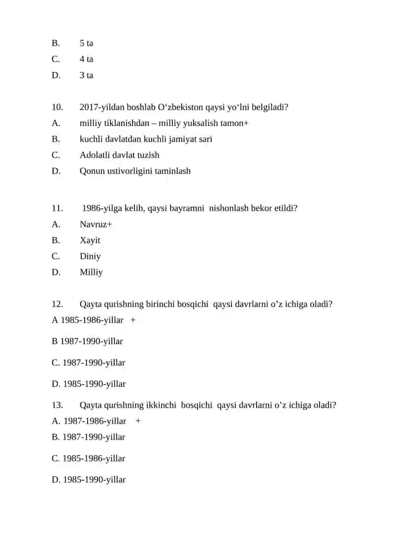 O`zbekistonning eng yangi tarixi fanidan yakuniy nazorat testlari 3