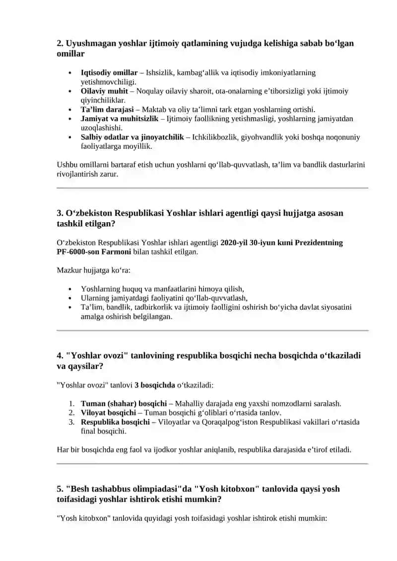 yoshlar yetakchiligiga suhbat savollari, javoblari bilan 3