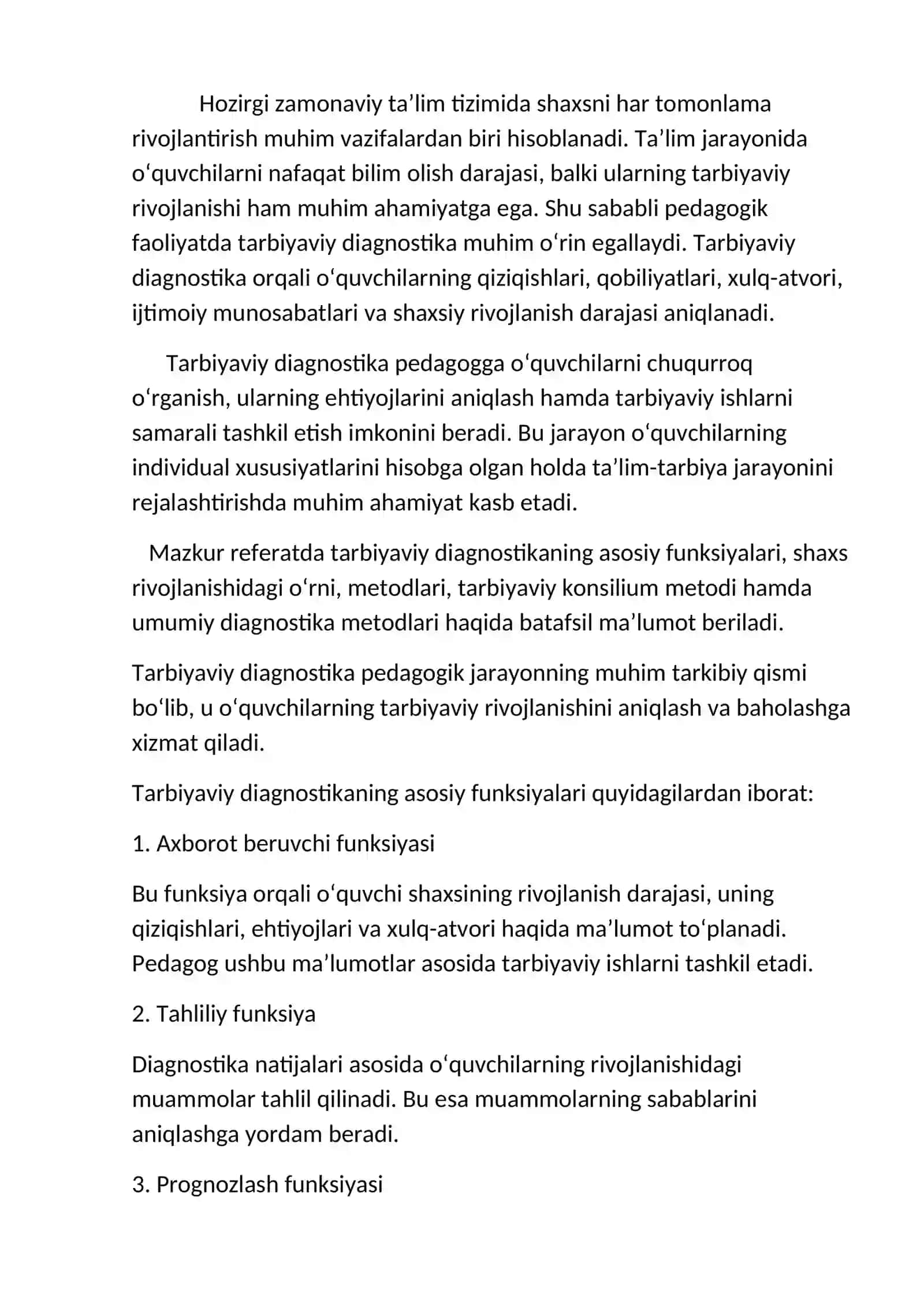 REFERAT: Tarbiyaviy diagnostika mazmuni, metodlari va shaxs rivojlanishidagi ahamiyati 3