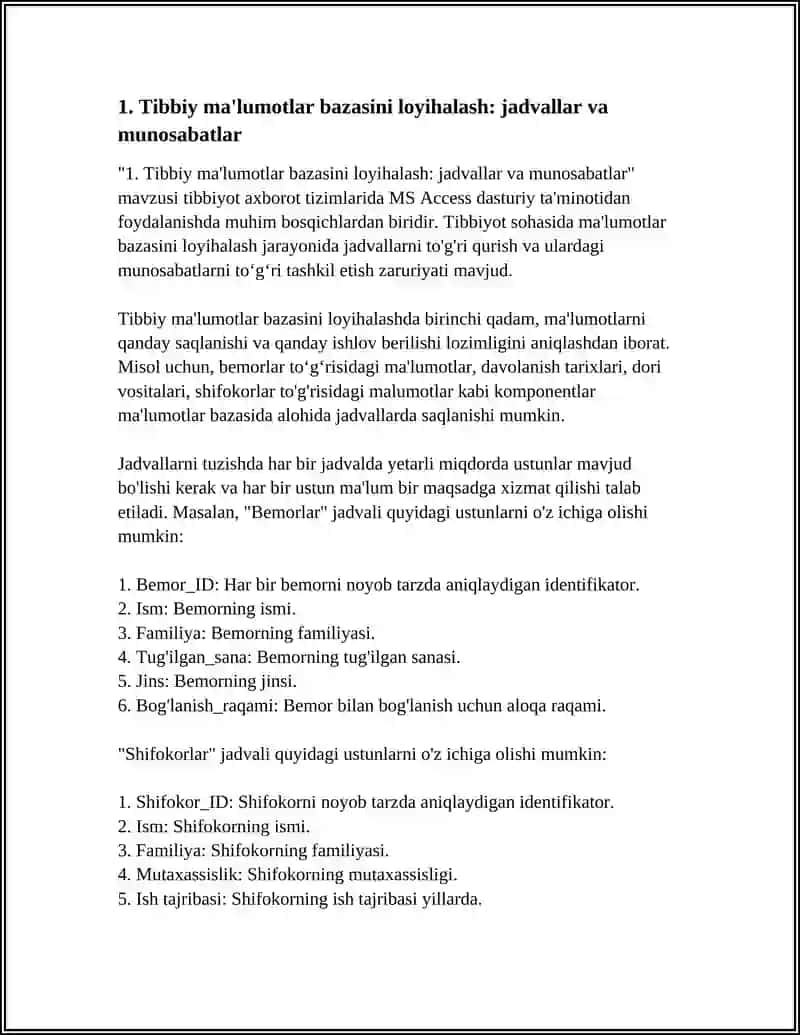 Tibbiyot Axbarot Tizimlari.MS Access Dasturiy Ta'minotidan Foydalanish 3
