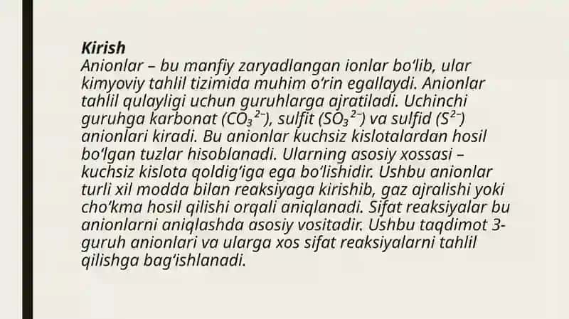Anionlarning 3-guruhi va ularga xos sifat reaksiyalar 3