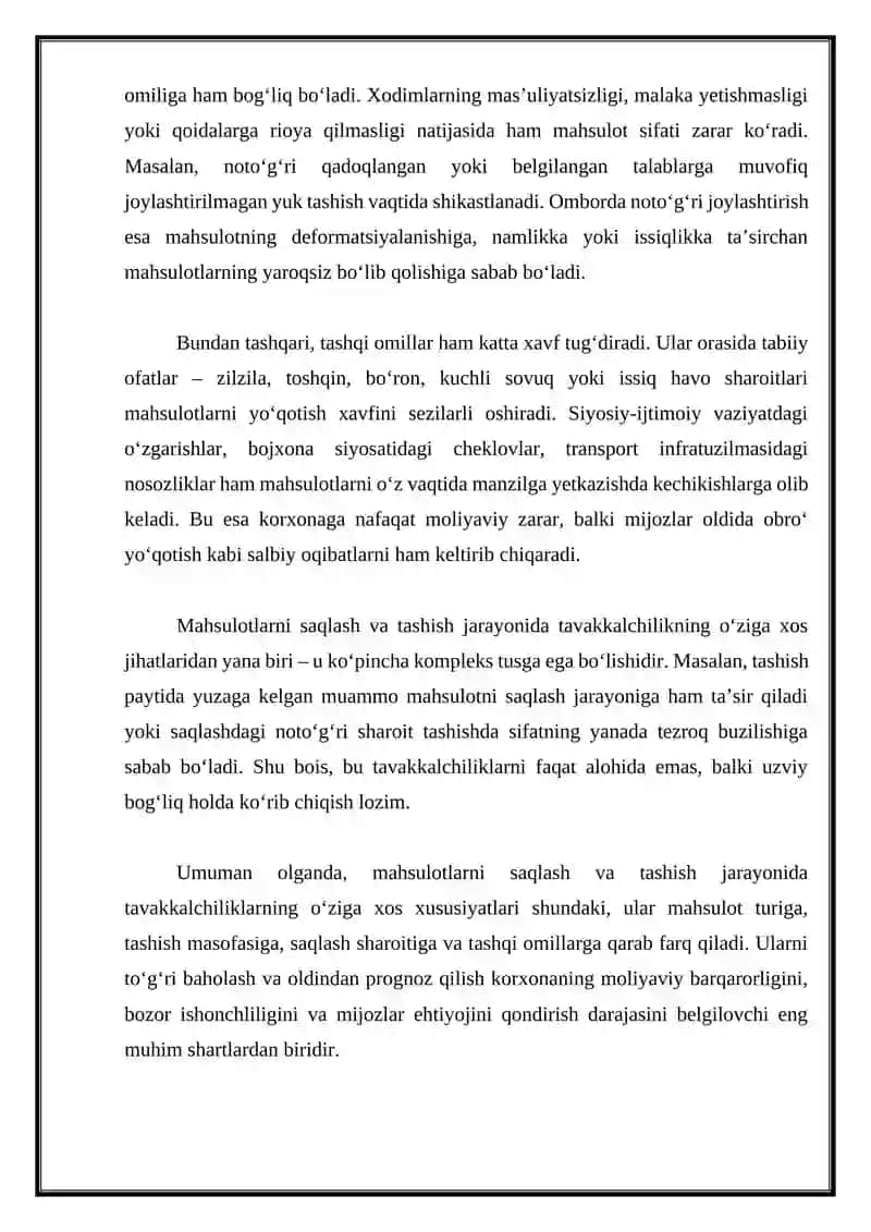 Mahsulotlarni saqlash va tashishga oid tavakkalchilikningo’ziga xos xususiyatlari 3