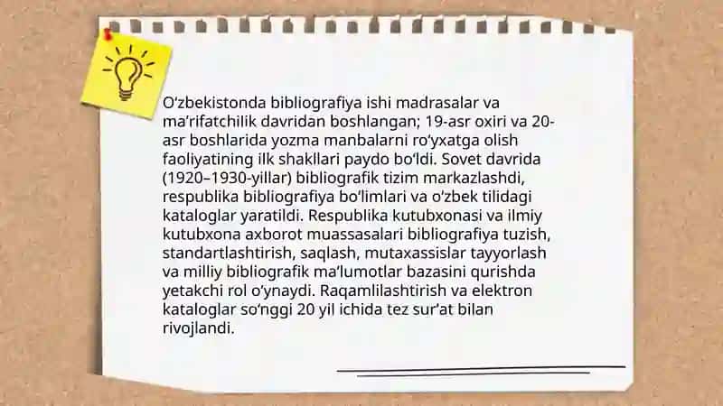 Oʻzbekistonda bibliografiya ishini tashkil qilish va rivojlantirishda kutubxona axborot muassasalarining oʻrni 3
