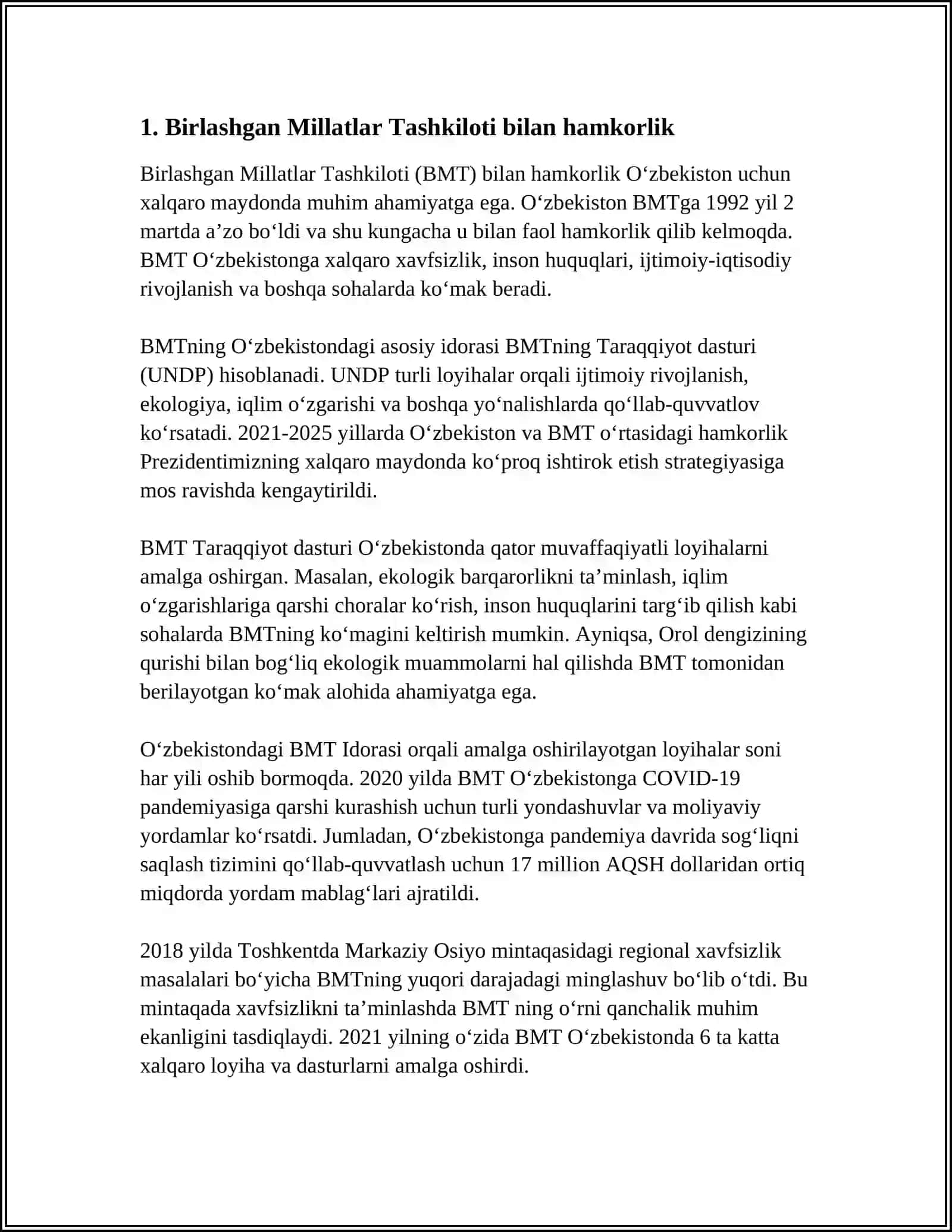 O’ZBEKISTONNING XALQARO TASHKILOTLAR VA XORIJIY DAVLATLAR BILAN HAMKORLIGI 3