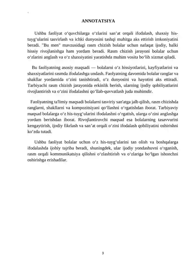 “Bu men” mavzusida bola oʼzidagi hislatlarni namoyish etgan holda rasm chizish. (katta guruh) Sanʼat markazi 3