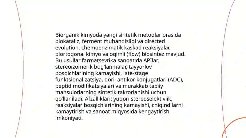 Biorganik kimyo fanidan yutuqlarni;farmatseftikada qo‘llash va oziq-ovqat mahsulotlarida xavsizlikni qo‘llash 3
