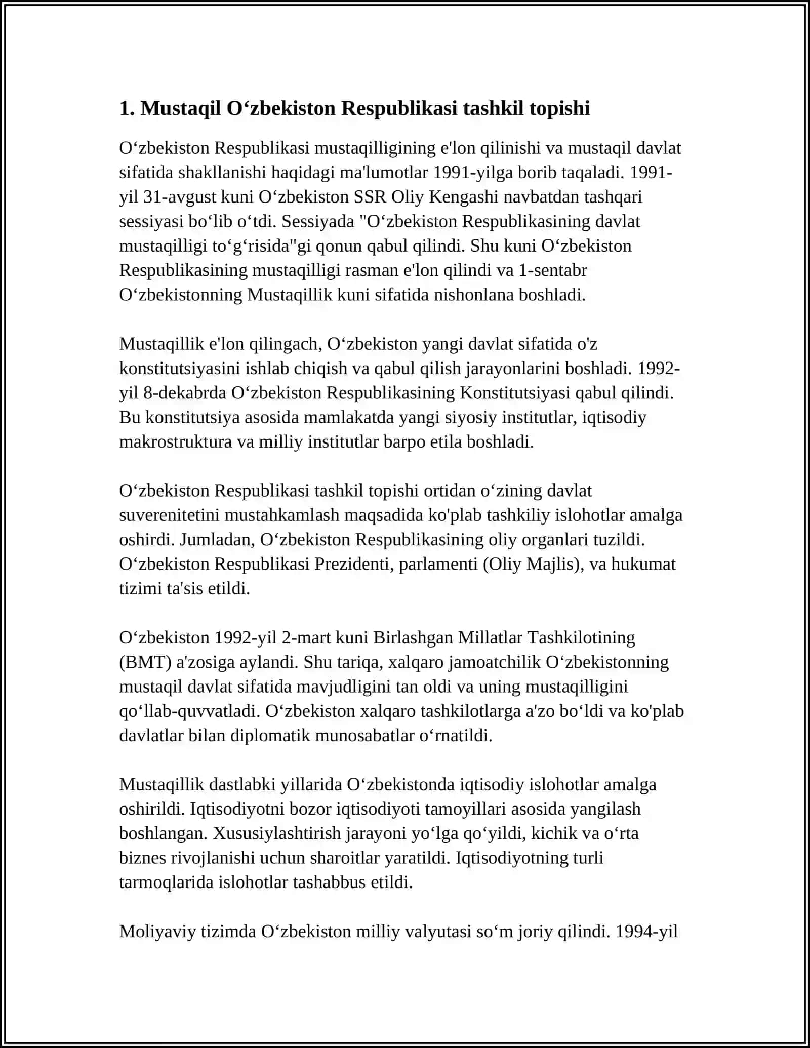 MUSTAQIL OʻZBEKISTON RESPUBLIKASINIG TASHKIL TOPISHI VA UNING TARIXIY AHAMIYATI 3