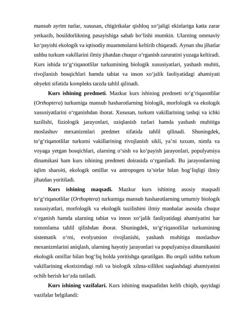Kurs ishi. Toʻgʻri qanotlilar turkumi vakillari. 3