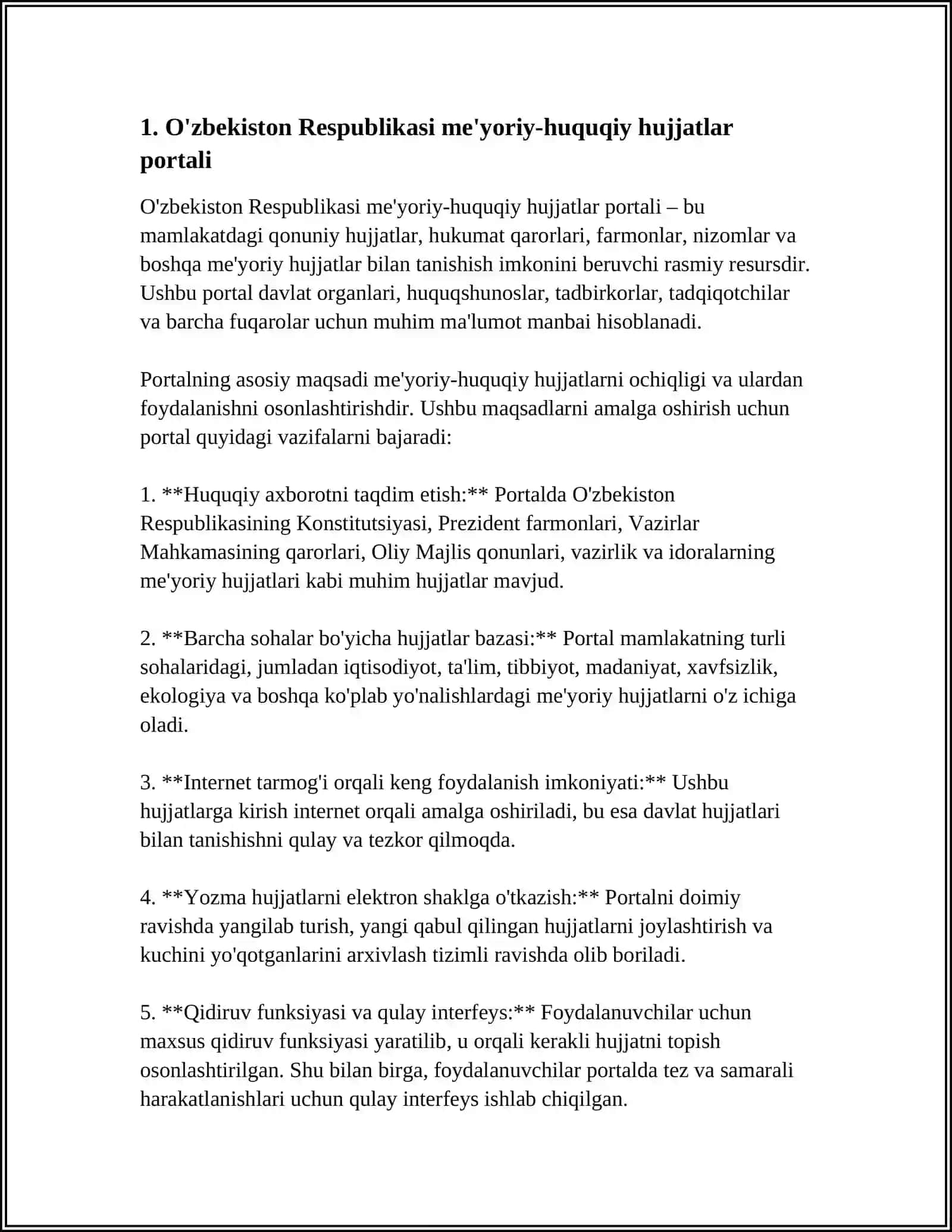 MUSTAQIL ISH Mavzu: O'ZBEKISTON RESPUBLIKASI MEYORIY-XUQUQIY BAZALARI PORTALLARI BILAN ISHLASH 3