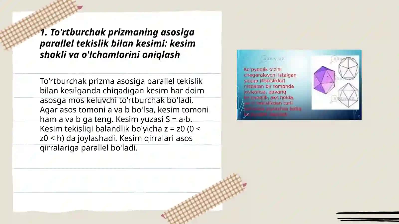 Ko'pyoqlilar,ularning turli kesimlarini tasvirlashga oid masalalar yechish 4-mustaqil ta'lim 3