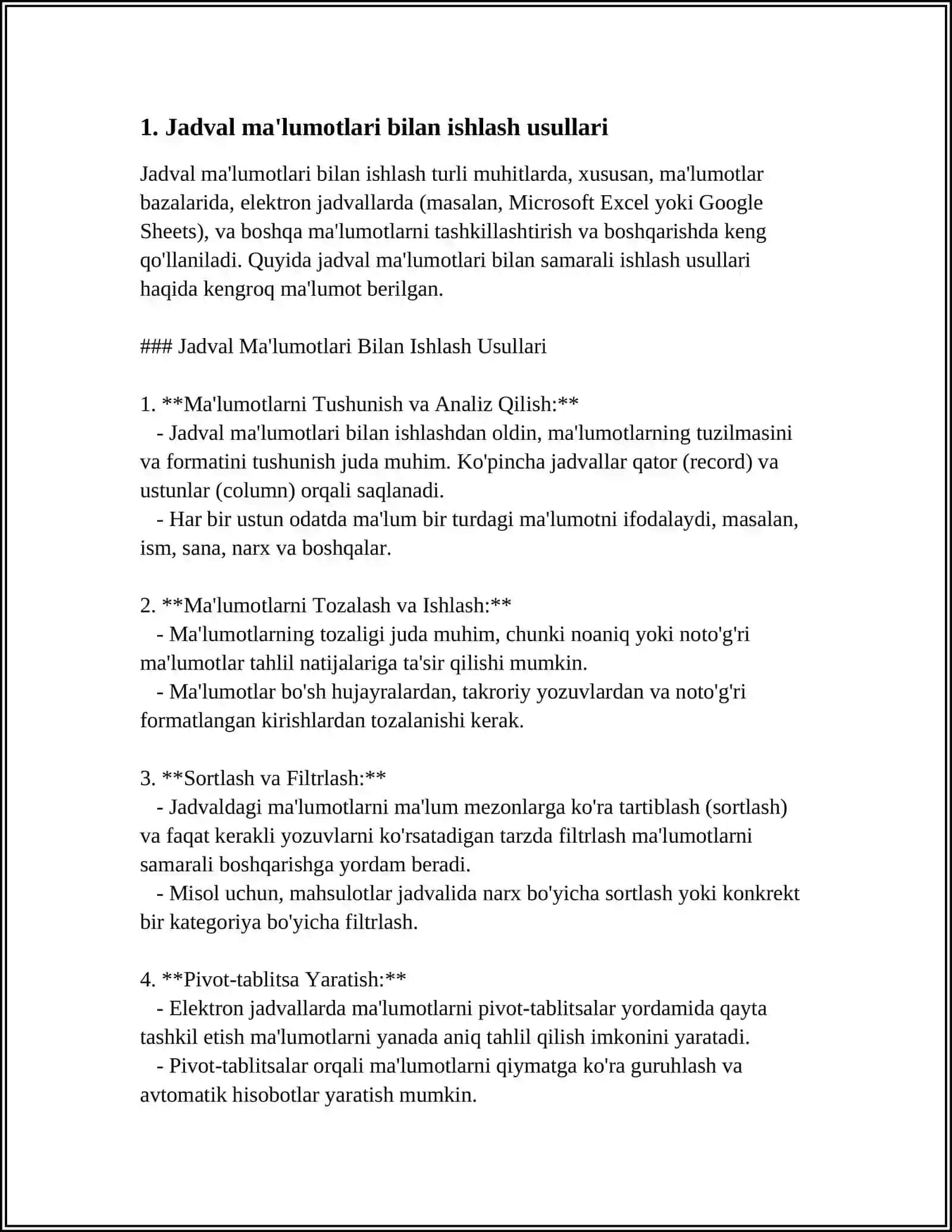 MATN MUHARRIRI YORDAMIDA JADVALLAR YARATISH VA ULAR USTIDA ISHLASH 3