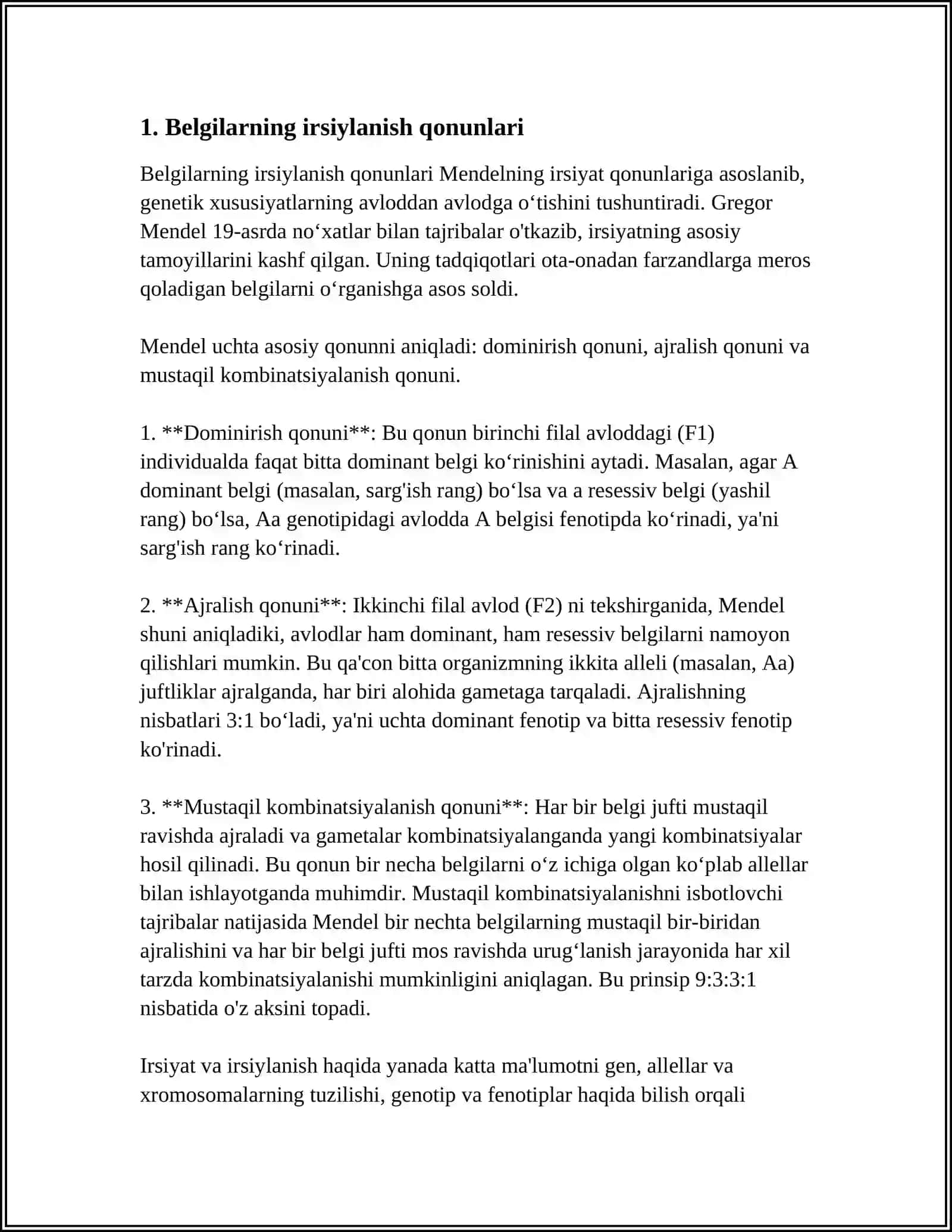 BELGILARNING IRSIYLANISH QONUNLARI. IRSIYAT QONUNLARI, GENETIK INJENERIYANING TIBBIYOTDAGI ROLI. ANTIMUTAGENEZ 3