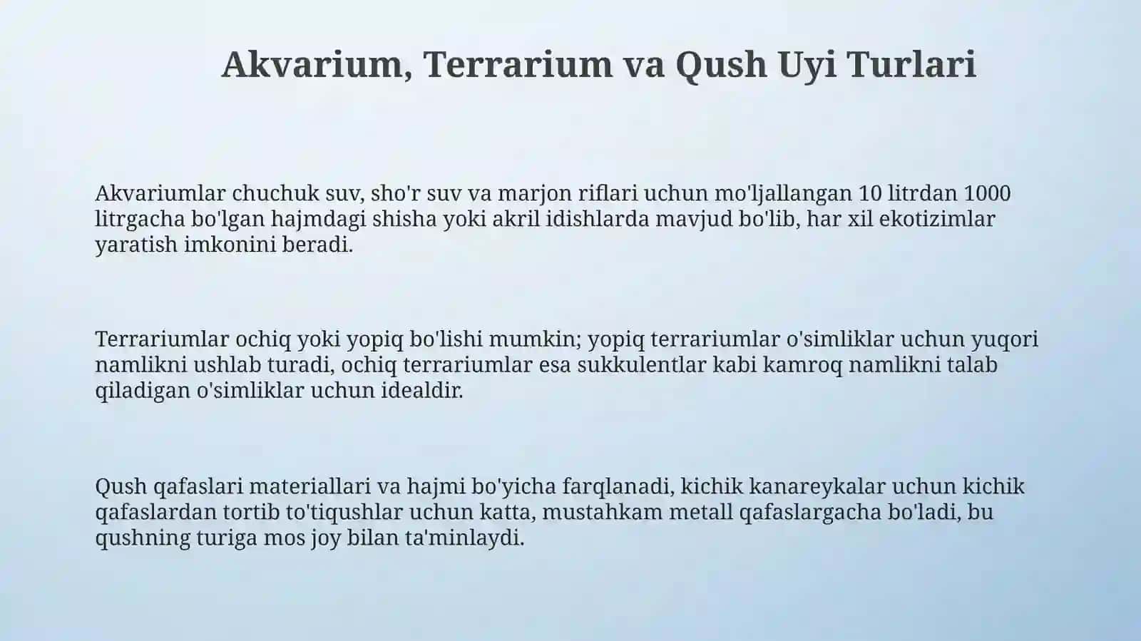 Akvarium, Terrarium va Qush Uyi Turlari 3