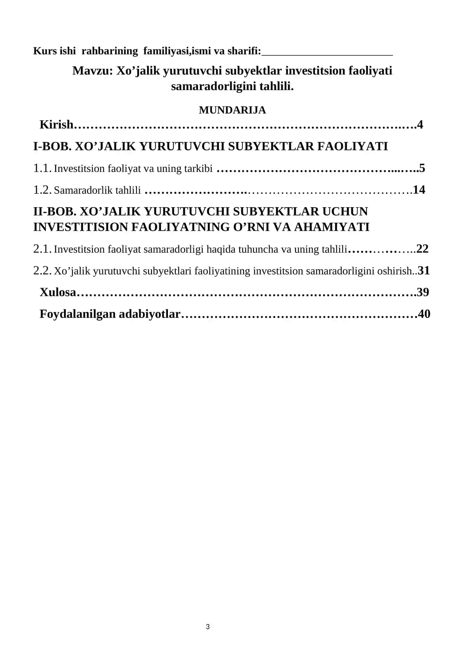 Xo’jalik yurutuvchi subyektlar investitsion faoliyati samaradorligini tahlili. 3