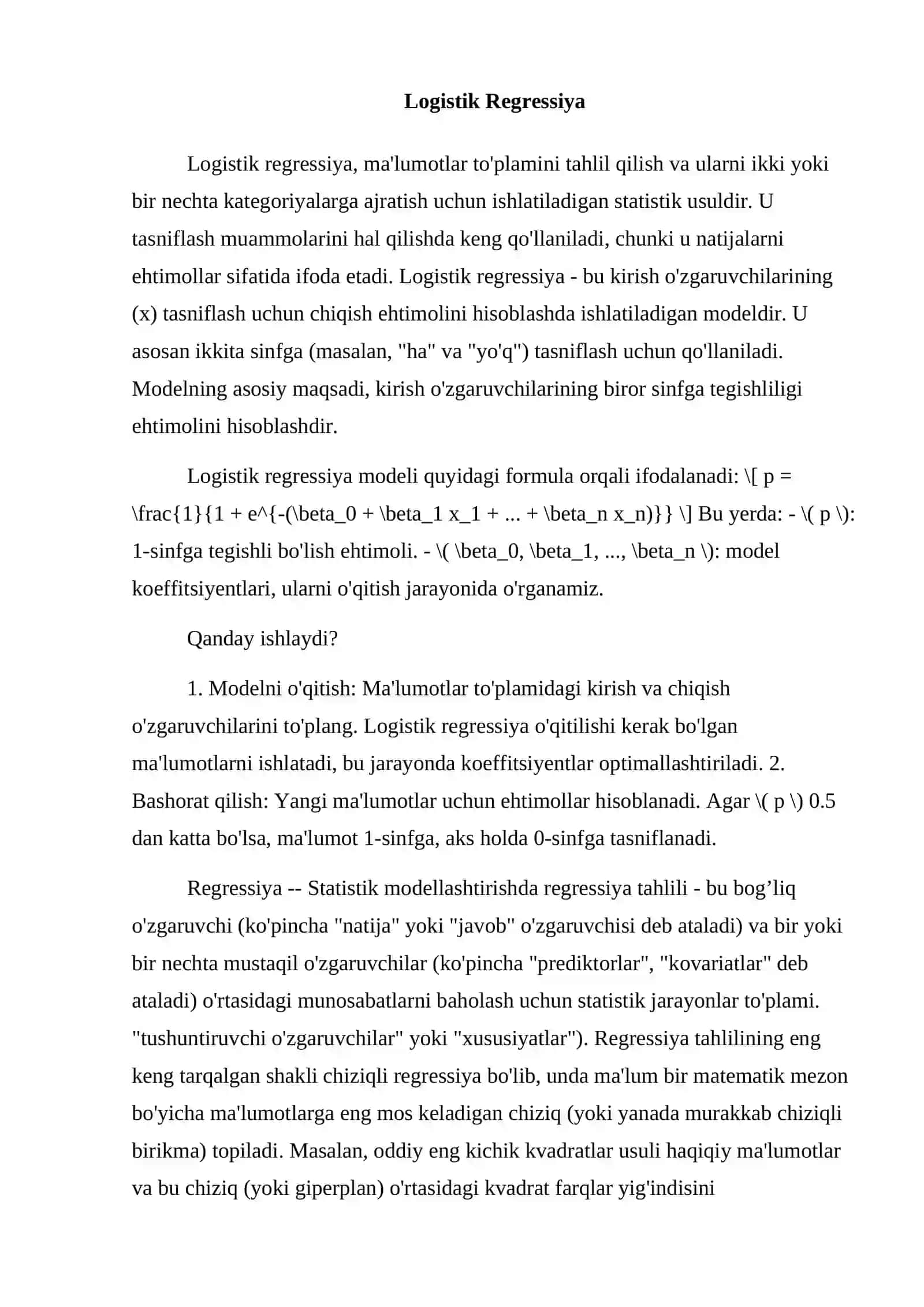 Tasniflash muammosi uchun logistik va softmax regressiya funksiyalaridan foydalanish 3