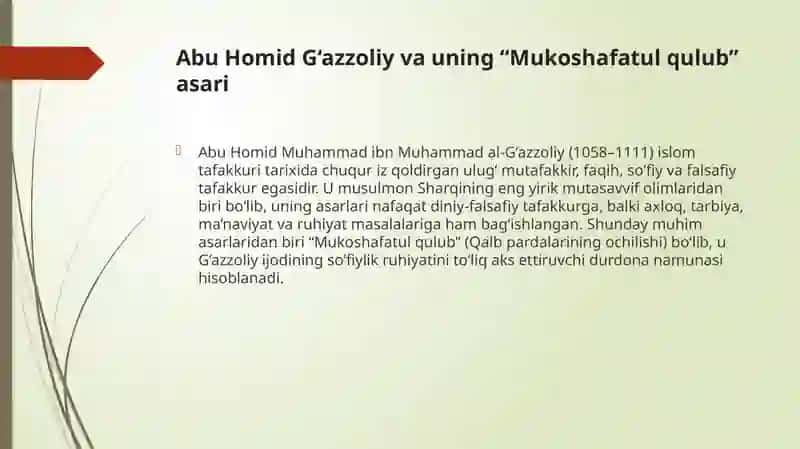 Taqdimot Abu Homid G‘azzoliy va uning “Mukoshafatul qulub” asari 3