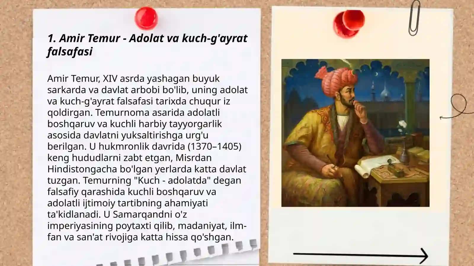 A.Temur, M.Ulug‘bek, A.Navoi, Z.M.Boburlarningma’naviy-ma’rifiyg‘oyalari tahlil qilinibprizentatsiya tayyorlash 3