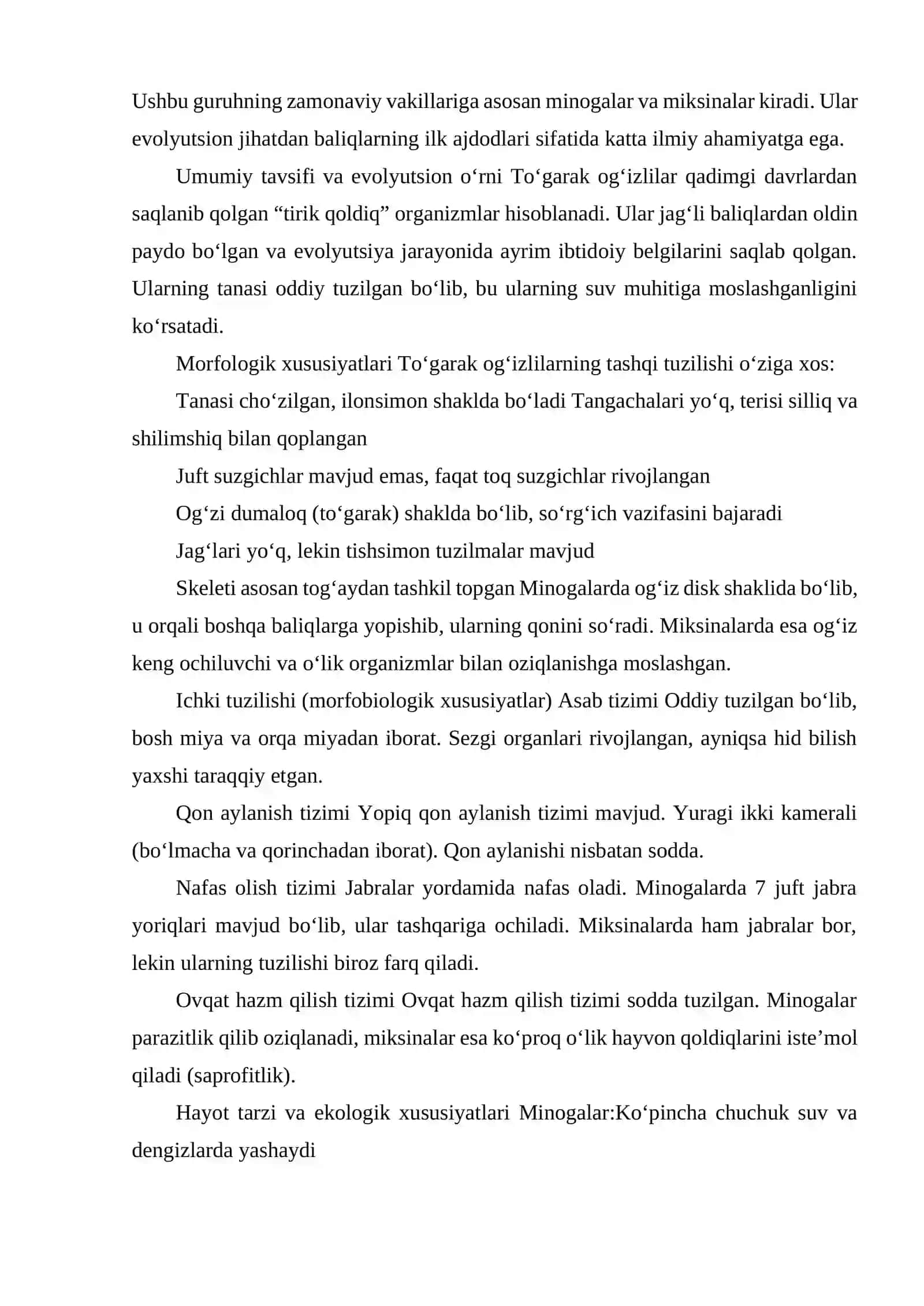 MINOGA VA MIKSINALAR- ZAMONAVIY TO‘GARAK OG‘IZLILAR – JAG‘SIZLAR BO‘LIMINING VAKILLARI. TO‘GARAK O‘G‘IZLILAR SINFINING MORFOBIOLOGIK XUSUSIYATLARINI, ULARNING HAYOT TARZINING O‘ZIGA XOSLIGI BILAN BOG‘LIQLIGI 3