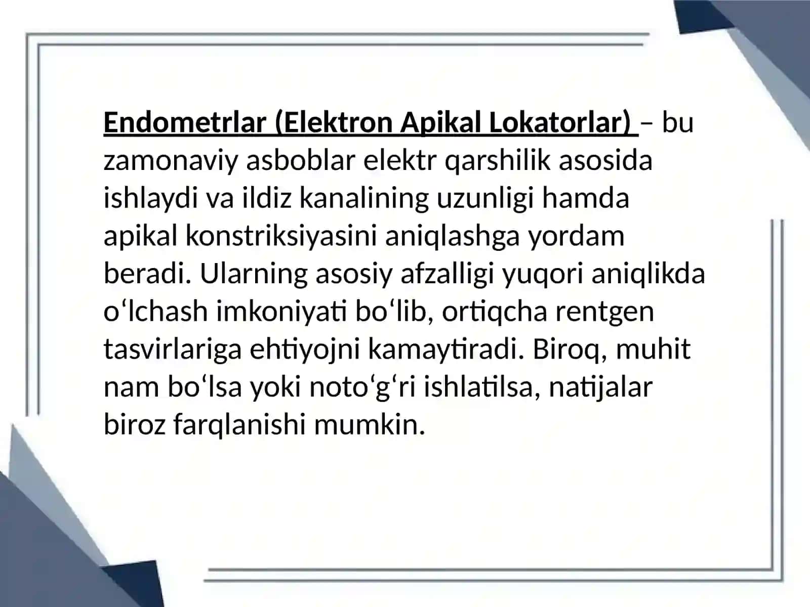 Ildiz kanal hajmini aniqlovchi va plombalashda ishlatilinadigan asboblar. 3