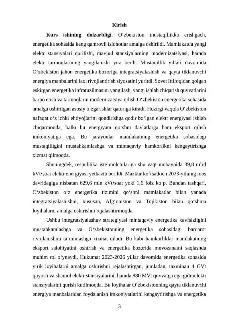 “O‘zbekistonda elektroenergiya tarmog‘ini rivojlantirish yo‘llari” mavzusida ilmiy ish 3