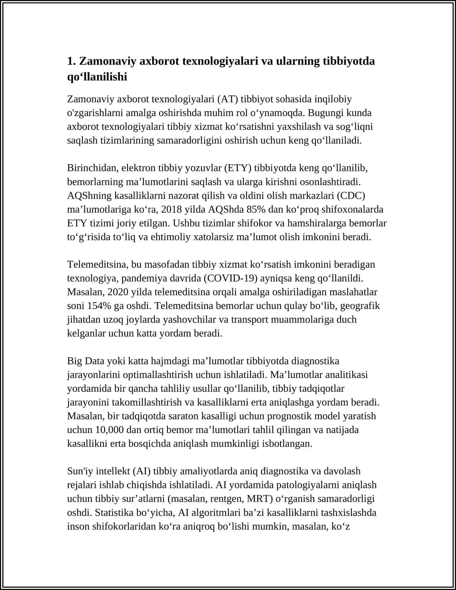 ZAMONAVIY AXBOROT TEXNOLOGIYALARIDAN BUGUNGI KUNDA FOYDALANISH DARAJASI ULARNING TIBBIYOTNING TURLI SOHALARIDA MAʼLUMOTLAR TOʻPLASHDA,DIAGNOSTIKA VA DAVOLASHDA TUTGAN OʻRNI 3