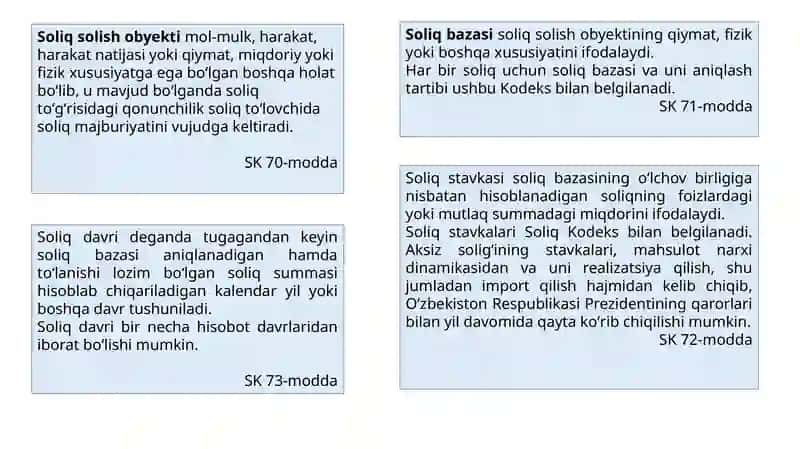 Soliqlarning elementlari. O‘zbekiston Respublikasida soliqlar va yig‘imlar tizimi. 3