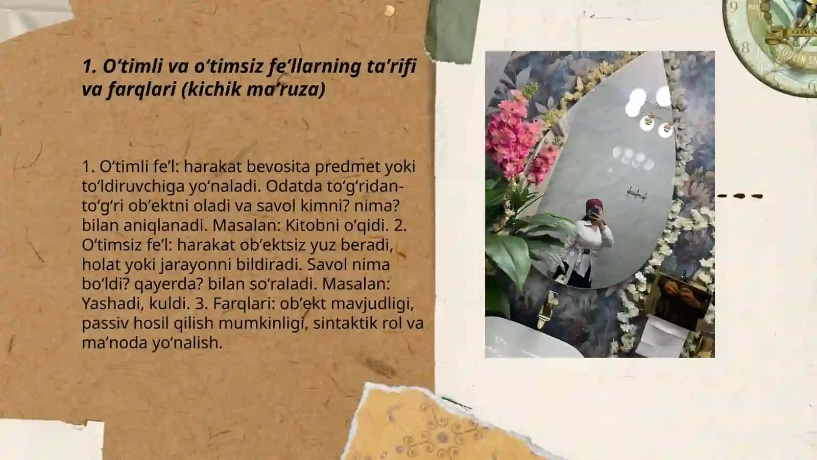 Fe'l soʻz turkumi oʻtimli va oʻtimsiz fe'llarga kichik maʼruza 20 ta glassary 20 ta test 3
