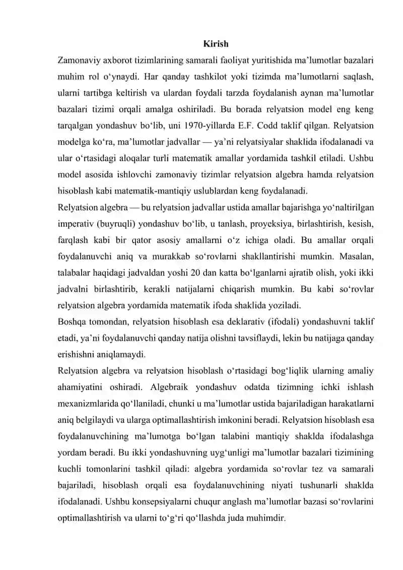 Kodd relyatsion algebrasi. Relyatsion hisoblash 3