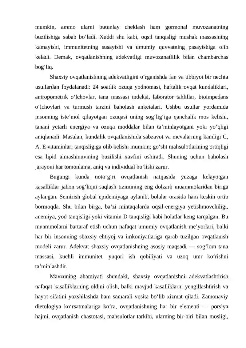 Shaxsiy ovqatlanishning adekvatligini o’rganish va baholash 3