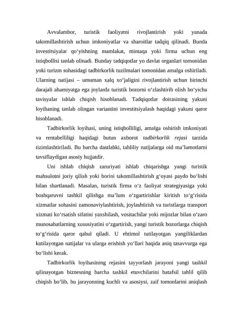 Turizmni rivojlantirish va takomillashtirish rejasi 3