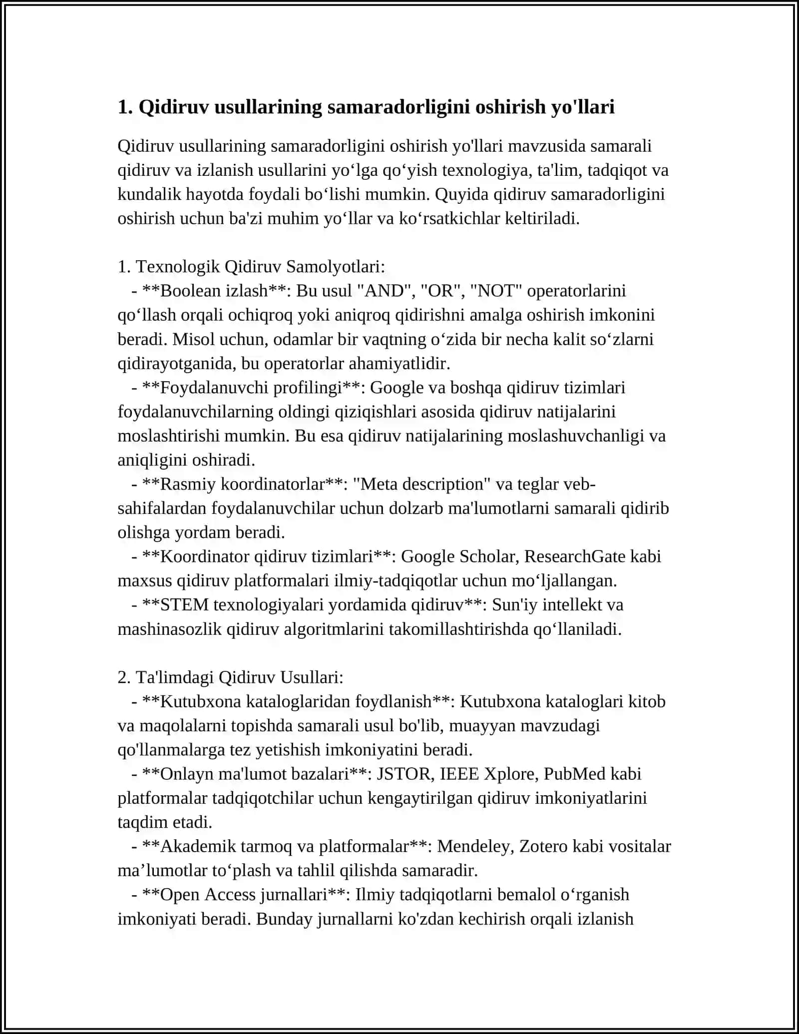 QIDIRISH USULLARI SAMARADORLIGI VA OPTIMALLASHTIRISH 3