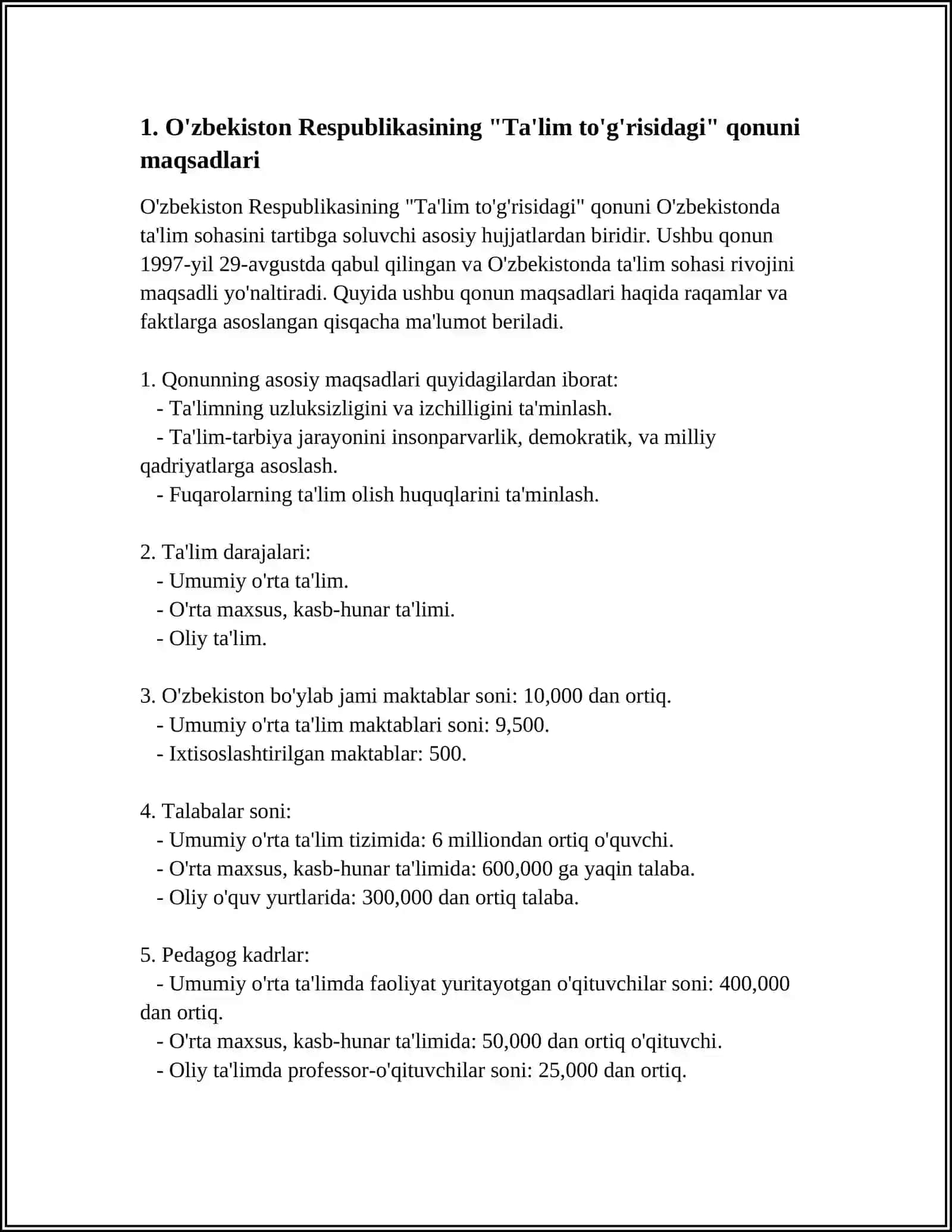 O'ZBEKISTON RESPUBLIKASI "TA'LIM TO'G'RISIDA"GI QONUNI VA UNING MOHIYATI 2024-2025-o'quv yili REFERAT 3