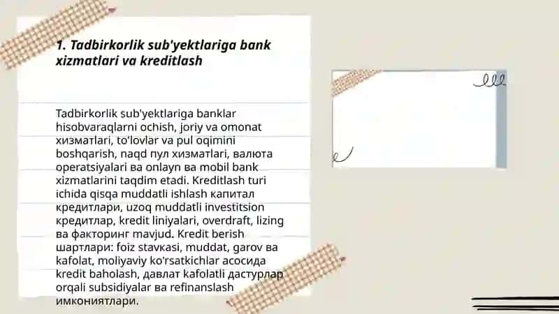 Tadbirkorlikni bank, soliq xizmati, audit va ularni tadbirkorlik bilan o`zaro aloqalari 3