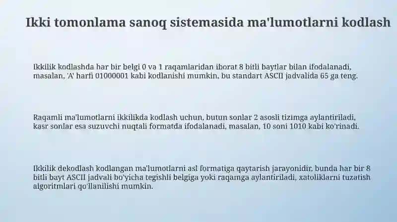 Maʼlumotlarni ikkilik sanoq sistemasida kodlash va dekodlash 3