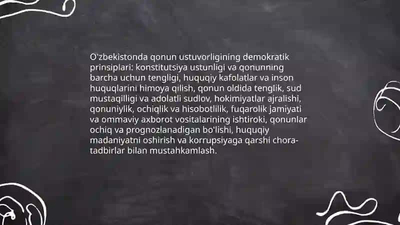 Òzbekistonda qonun ustuvorligini taminlashning demokratik asoslari.korrupsiya Va unga qarshi kurashishning mazmun mohiyati 3