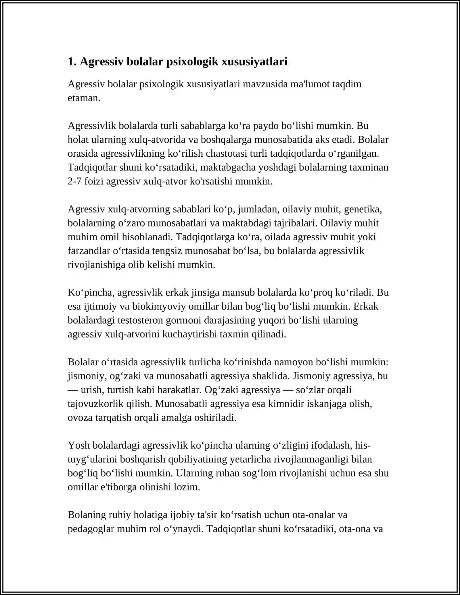 AGRESSIV BOLALAR BILAN OLIB BORILADIGAN PSIXOKORREKSION ISHLARNING OʻZIGA XOSLIGI 3