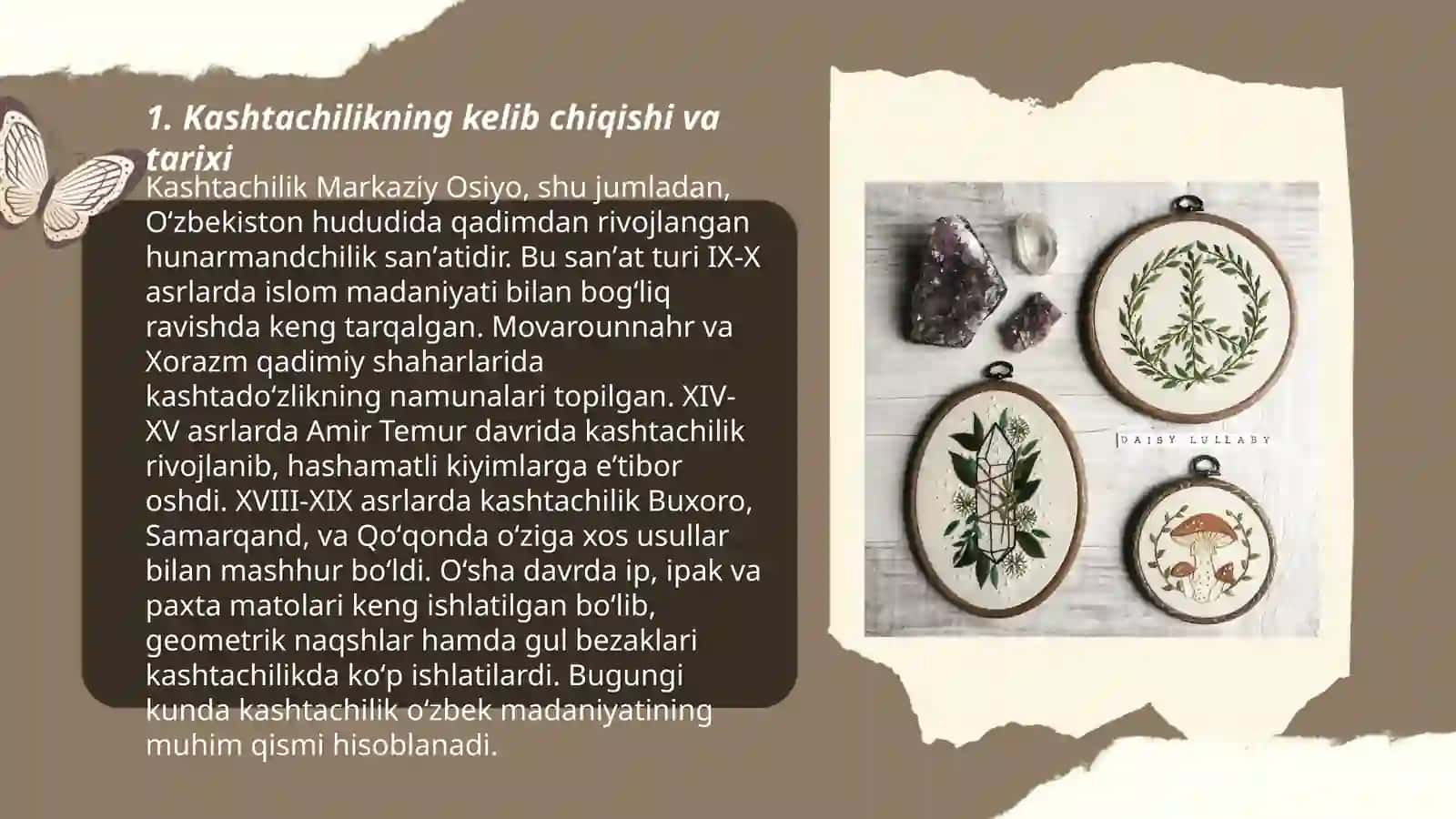 Kashtachilik tarixi. Kashta turlari. Kashta tayyorlash texnalogiyasi. Kashta tikishda chok turlari. Bezakli va mazmunli kashtalar. Buyunlarni kashta bilan bezash texnalogiyasi 3