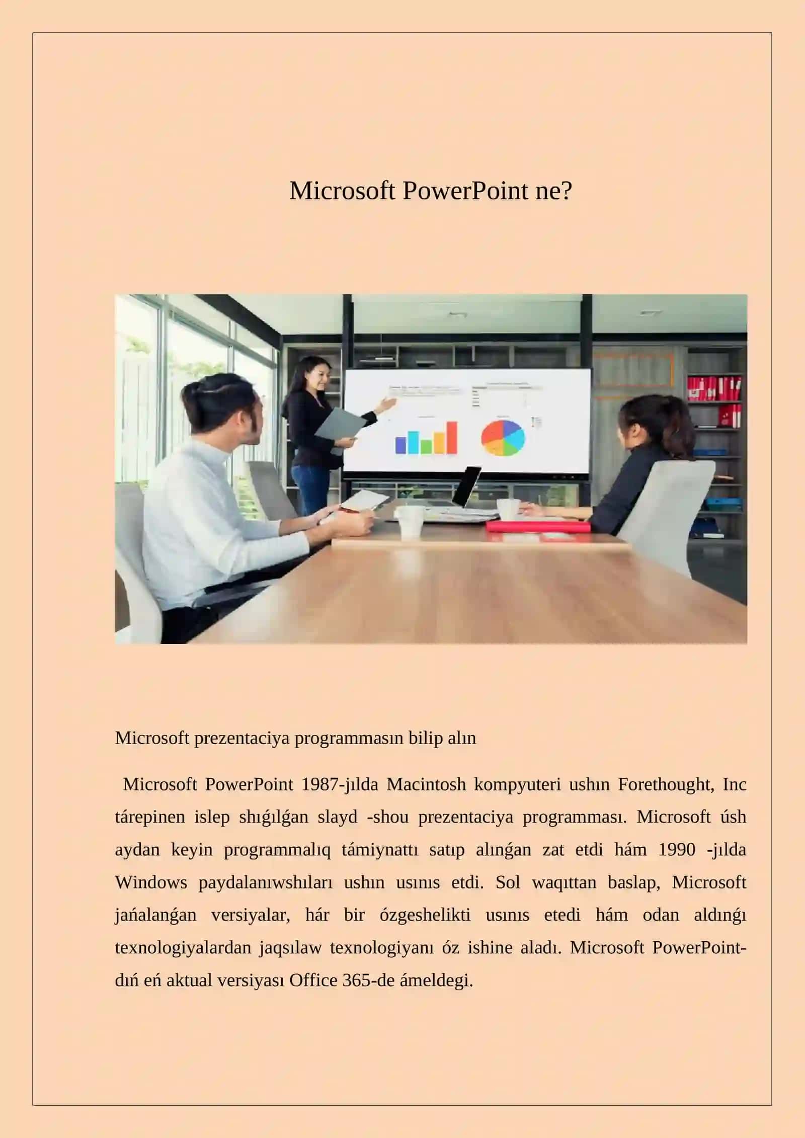 MS Power Pointta ‘’Vstavka’’ menyusi; keste (keste ha’m MS Exsel kestesi); Smart Art suwretleri (sxemalari du’ziw), sirtqi korinisler, suwretler, diagramalar, formula ha’m video qosiw Kolontitul (slaydlaedi nomerler, sho’lkem atlari). Animaciya 3